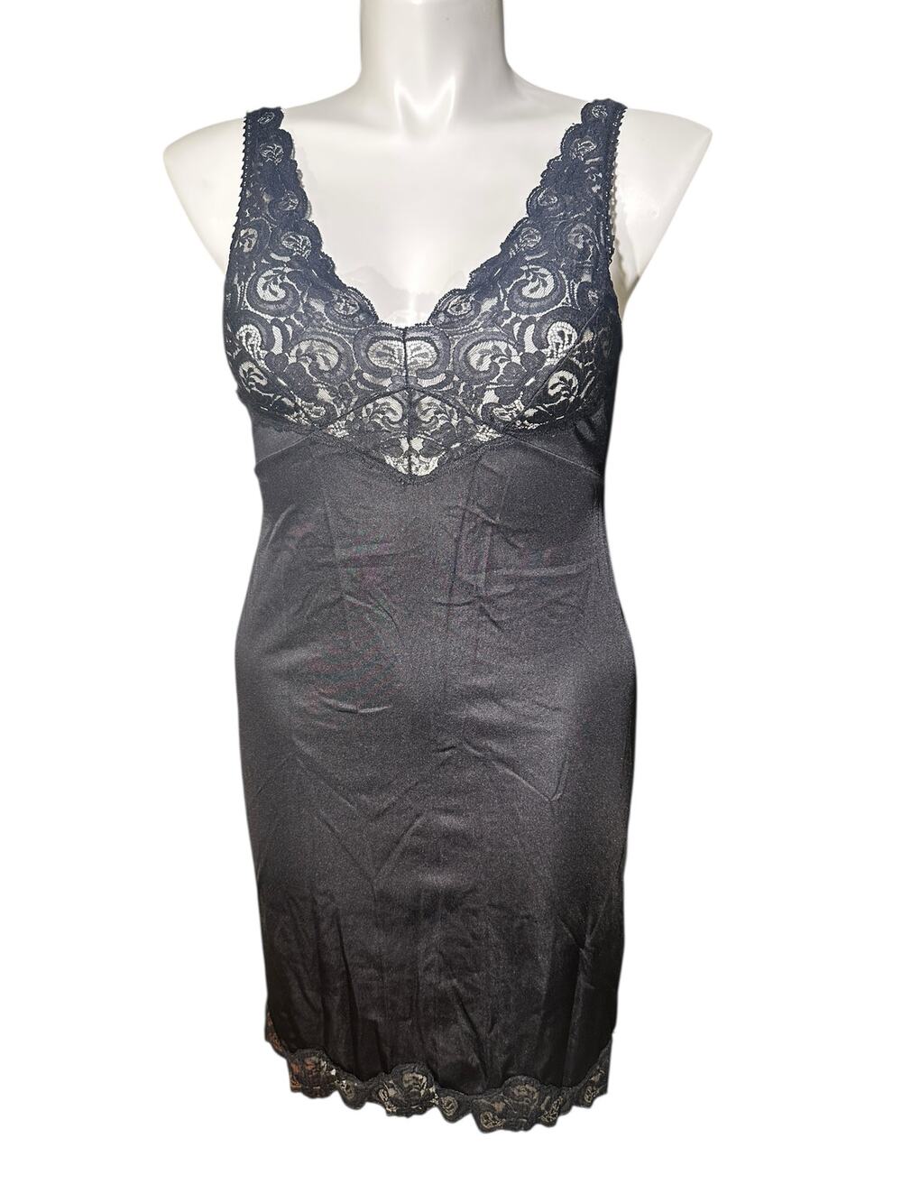 Vintage Illusione Black Lace Full Slip Dress Size 36 Classic Lingerie Nightgown